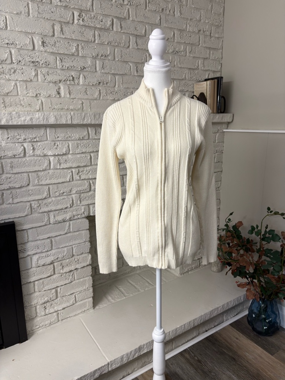 Vintage BUM Equipment Cream Full Zip Ribbed Knit Sweater XL